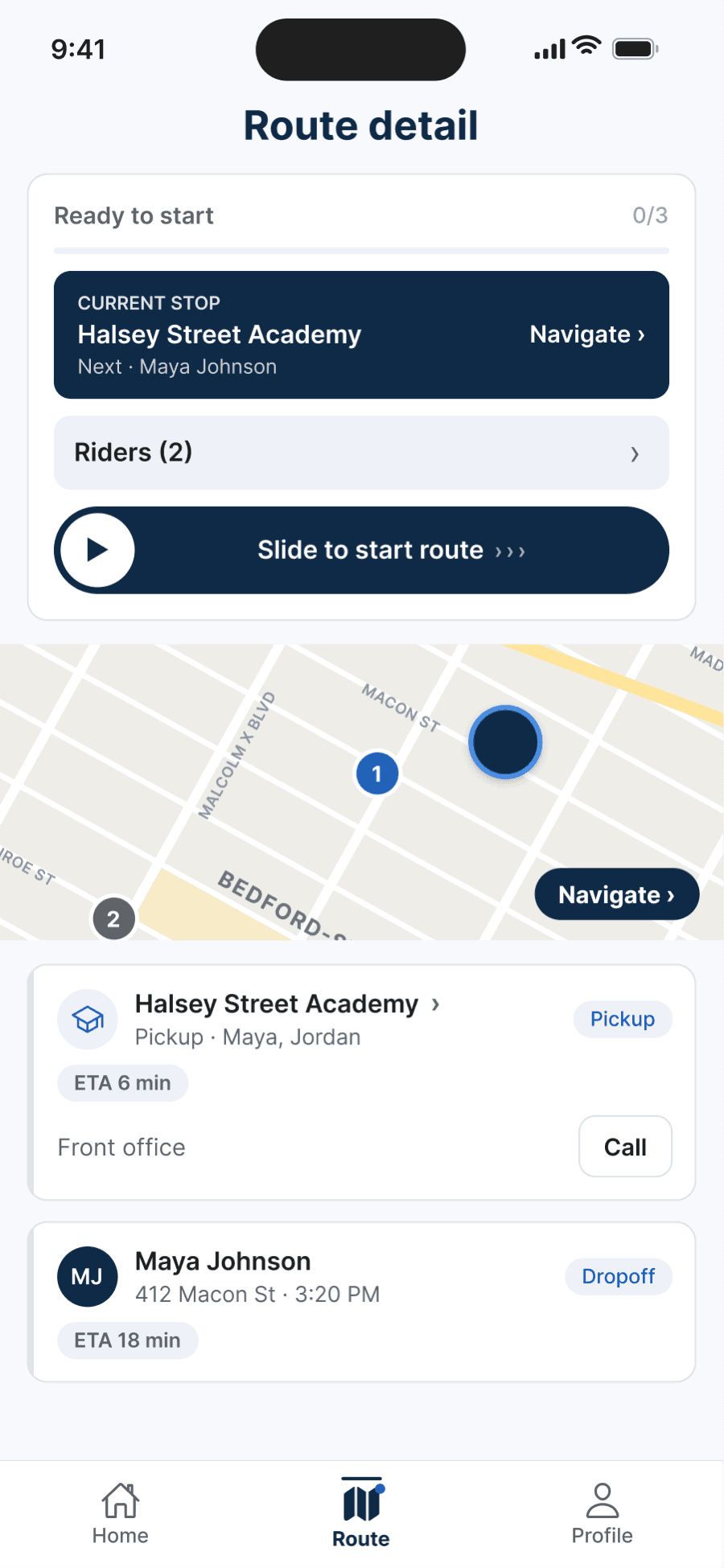 TroTro driver app route detail: the current stop with one-tap navigation, the riders for that stop, a slide-to-start control, the route on a map, and the ordered stops with ETAs.