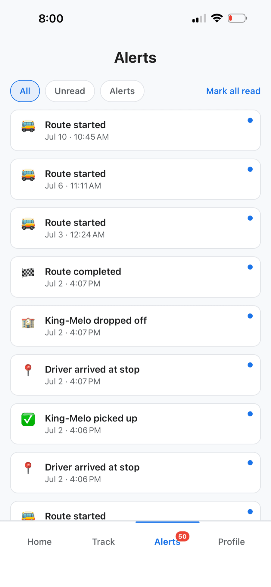 TroTro parent app alerts feed with timestamped notifications — route started, driver arrived at stop, picked up, dropped off, and route completed.