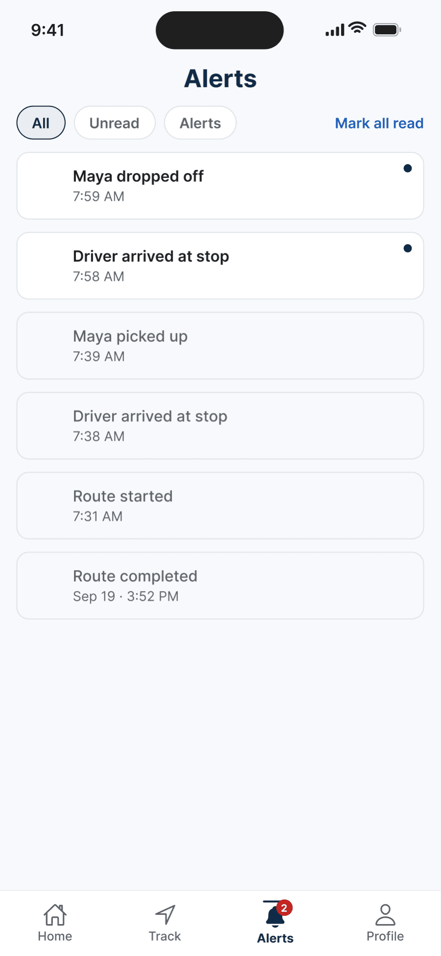 TroTro parent app alerts feed with timestamped notifications as the ride progresses: route started, driver arrived at the stop, picked up, dropped off, and route completed.