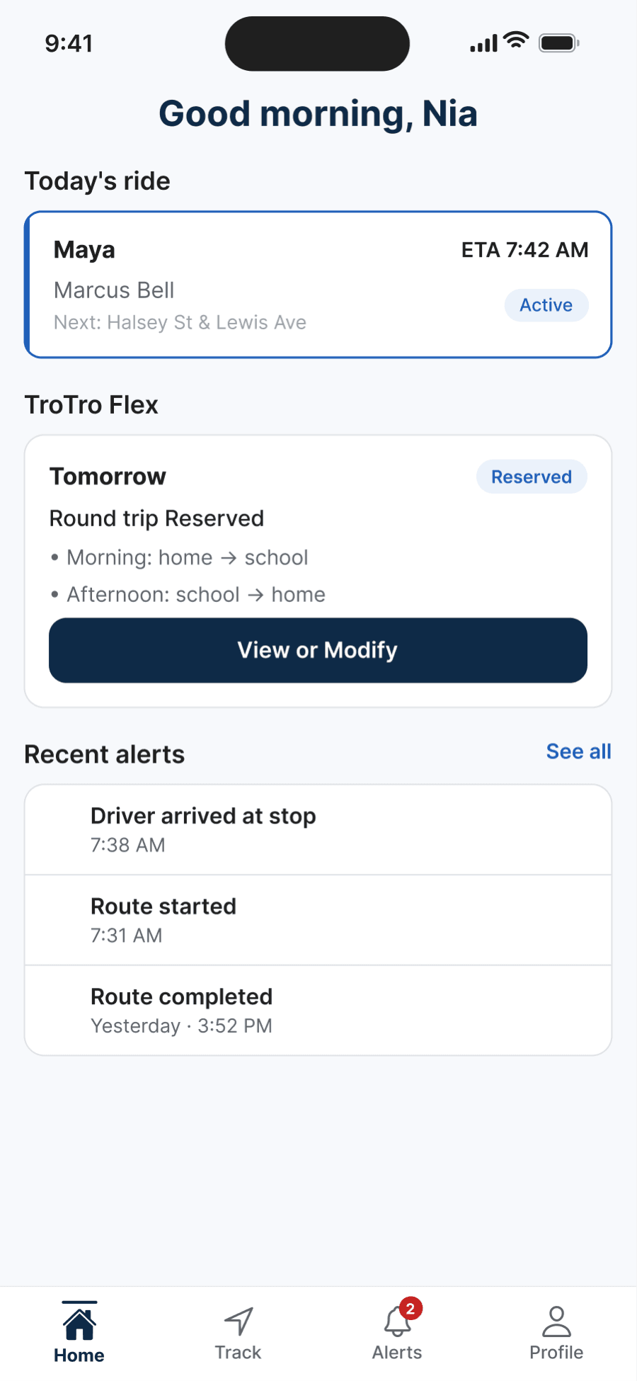 TroTro parent app home screen showing today's ride with the child's name, assigned driver, next stop, and estimated arrival time, plus a reserved TroTro Flex ride and the latest alerts.