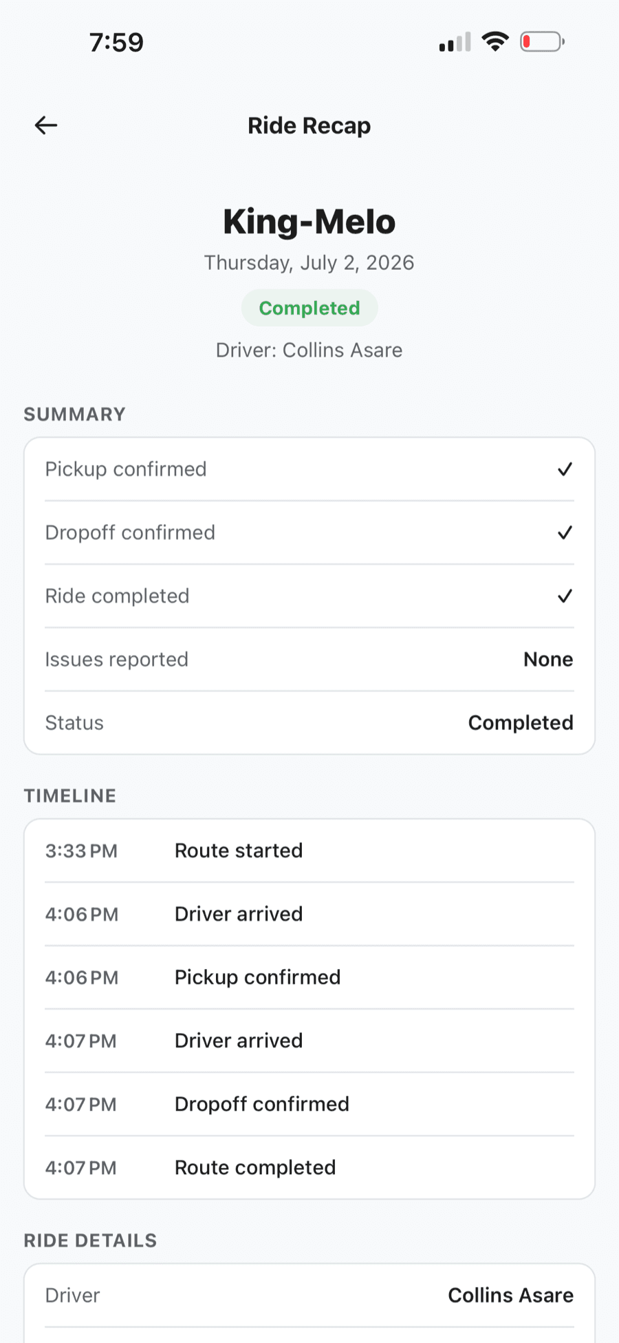 TroTro parent app ride recap for a completed ride, showing pickup and drop-off confirmations, ride status, and a stop-by-stop timeline.