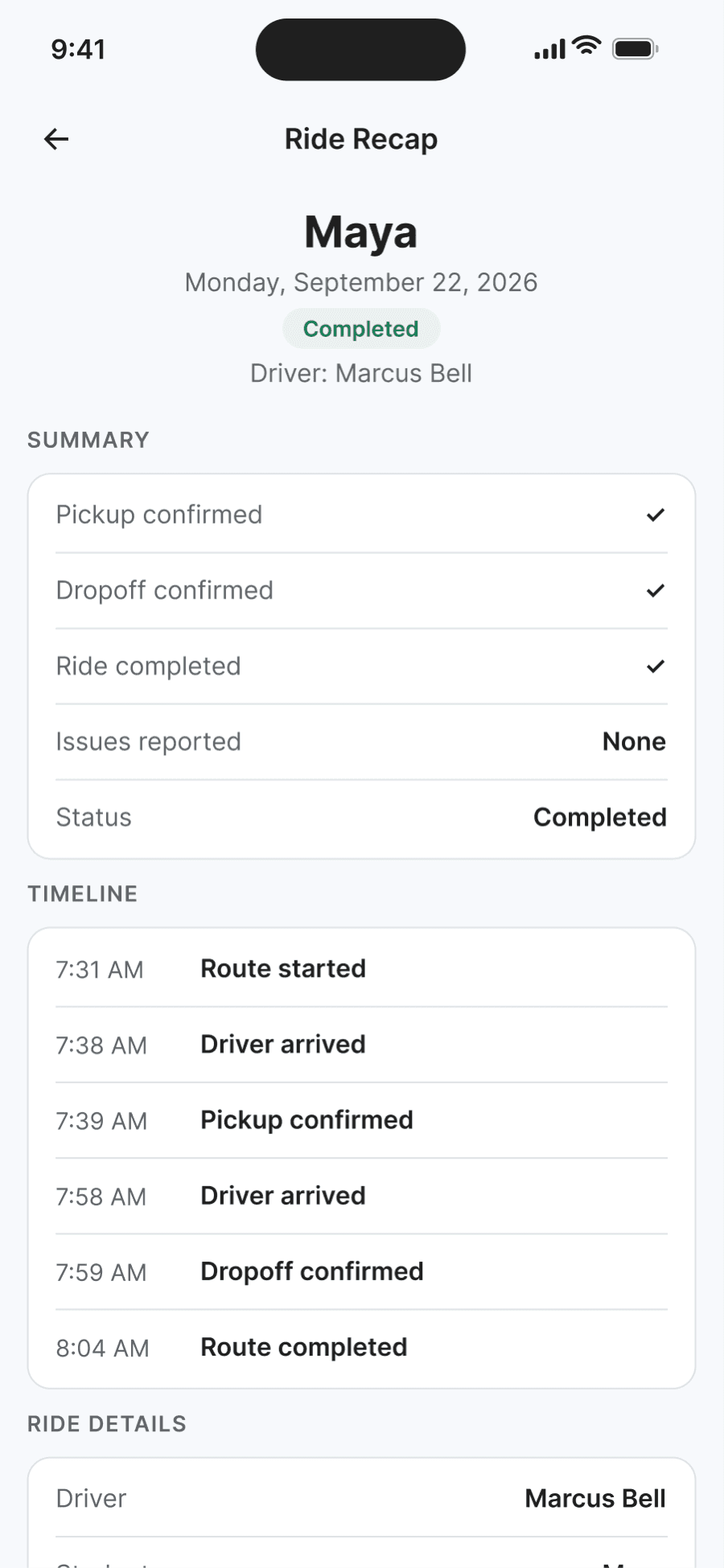 TroTro parent app ride recap for a completed ride, with pickup and drop-off times and a stop-by-stop timeline.