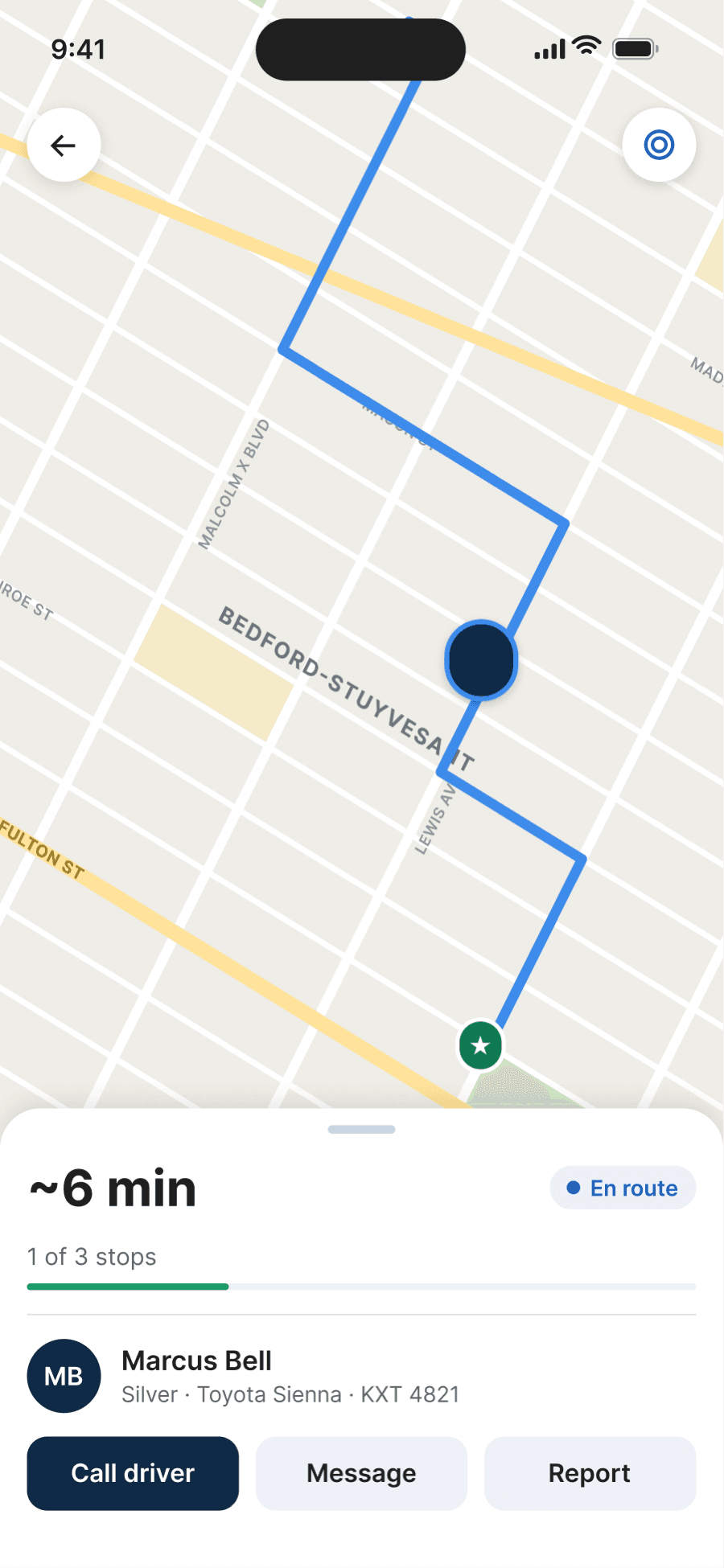 TroTro parent app following a school ride live: the vehicle's position on the map along the route, the assigned driver, and the estimated arrival time.